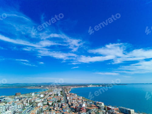 Preview: Panoramic view from a height above the town of Pomorie with houses and streets