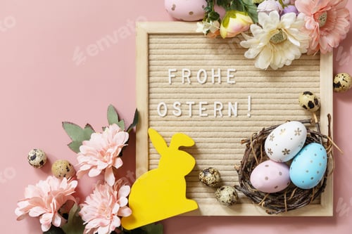 Preview: Frohe Ostern - Happy Easter in german greeting, Easter eggs and spring flowers.