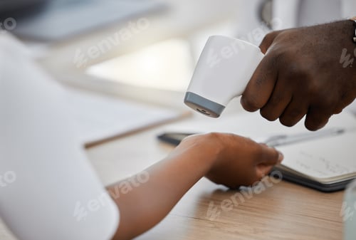 Preview: Doctor checking wrist temperature of sick covid patient to test for fever, risk of disease or flu.