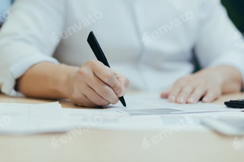 Preview: Close-up photo. Men's hands at the table writing with a pen on paper, signing documents
