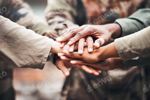 Preview: Hands, team and solidarity with people and collaboration, mission and paintball game strategy with