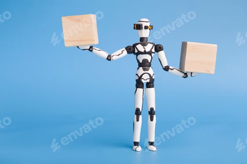 Preview: Robot holding two wooden cubes like on scales, comparing variants