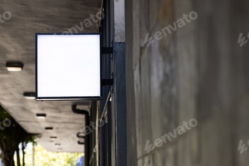 Preview: Blank sign fixed to building wall with copy space