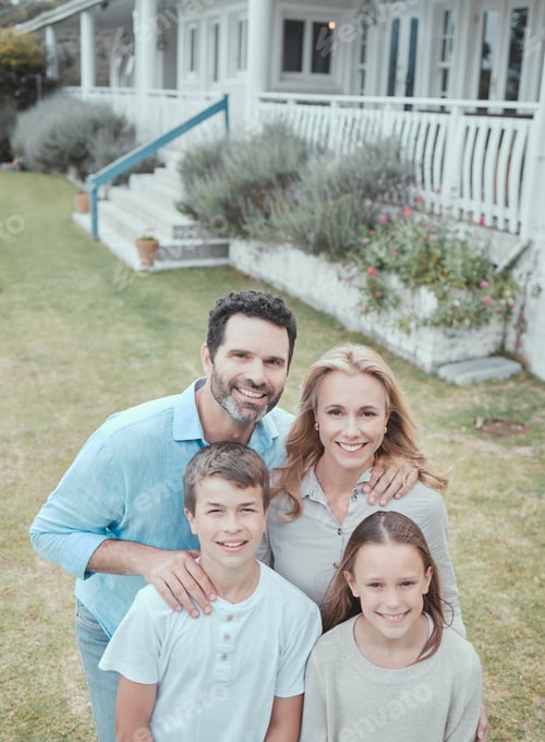 Happy Family Smiling in Front of their Home