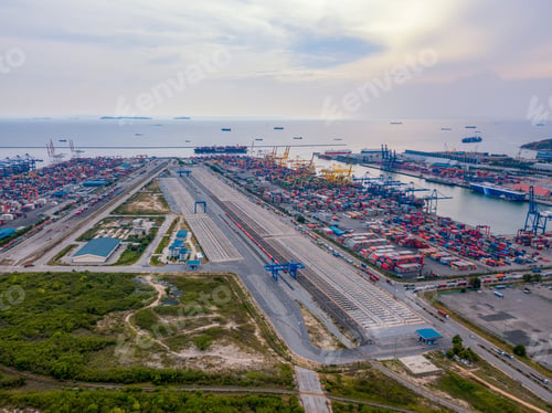 Preview: container cargo ship in the export and import business and logistics. Shipping to the harbor