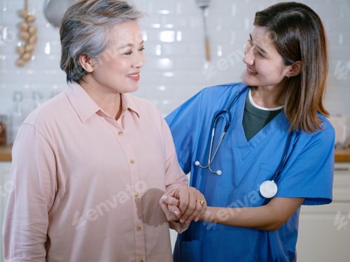 Vista previa: elderly woman lady female old doctor nurse staff assistance person people senior beautiful pretty ha