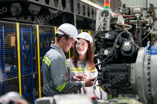 Preview: Factory worker woman maintenance and check part of robotic machine at factory.
