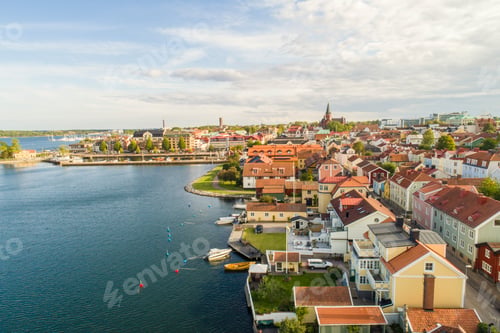 Preview: Aerial view of the city center of Västervik in summer