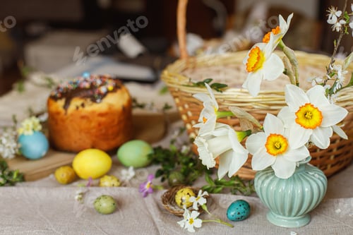 Preview: Beautiful daffodils on background of homemade easter bread