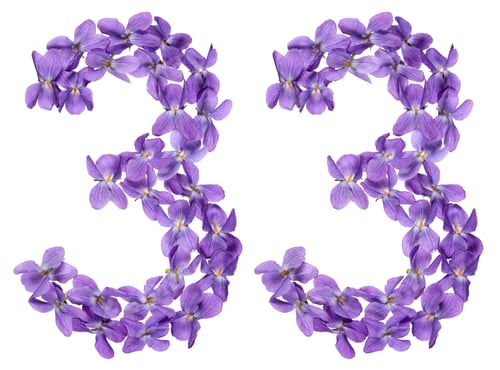 Preview: Arabic numeral 33, thirty three, from flowers of viola, isolated on white background