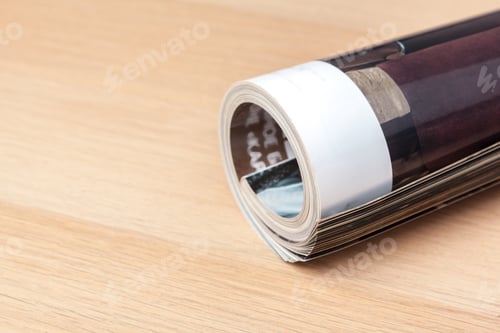 Preview: Rolled Magazine on Wooden Table in Studio Light