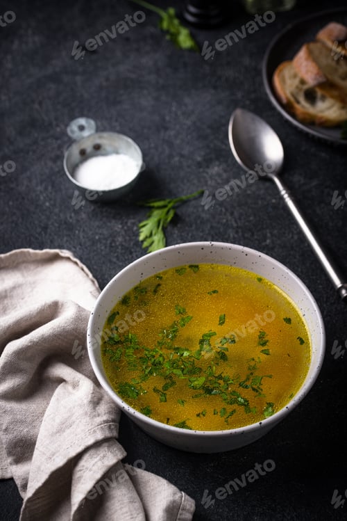 Preview: Chicken broth with parsley, healthy food