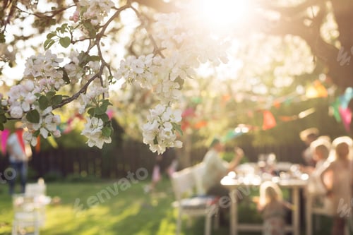 Preview: White blossom and people in the background sitting at picnic table