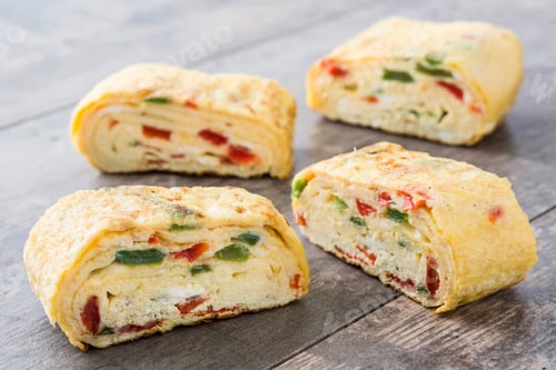 Preview: Tamagoyaki, japanese rolled omelette with vegetables, sliced on wooden table