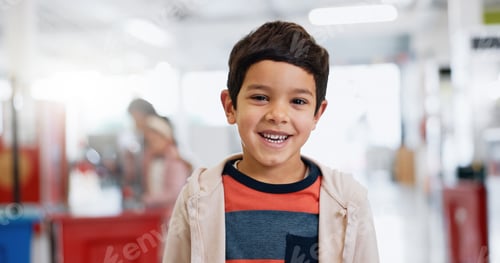 Preview: Young student, classroom and happy portrait for education, kindergarten and kid learning with toys.