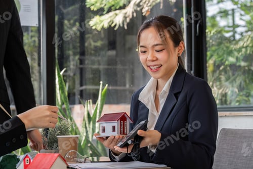 Preview: A young professional presenting a model of an eco-friendly house during a meeting.