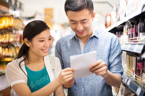 Preview: Young couple shopping in supermarket