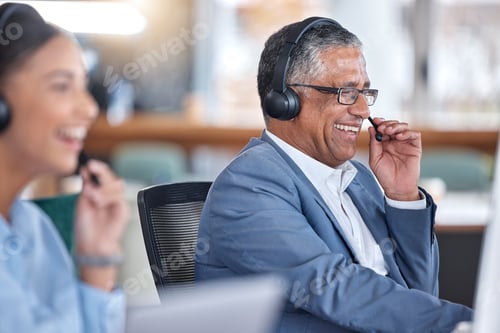 Preview: Funny, call center and senior man in office for communication, support and contact us for customer