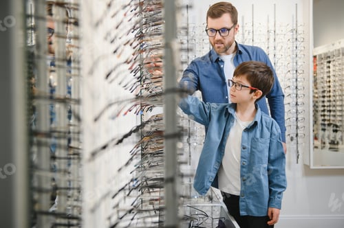 Preview: Dad and son choose new stylish glasses in an optical store. Vision care concept