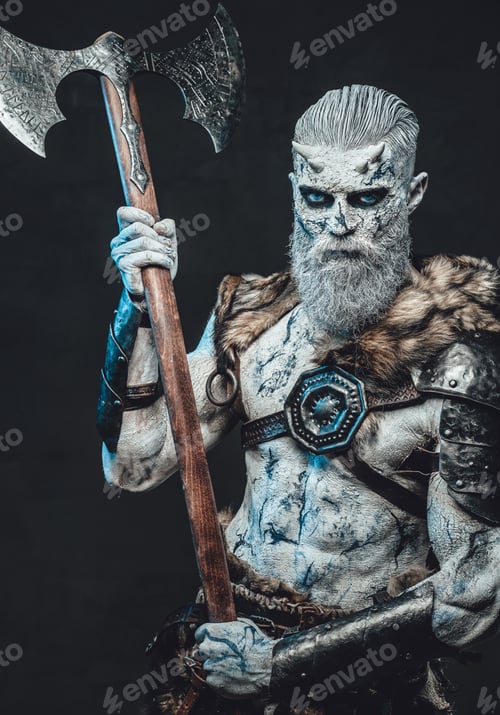 Preview: Eternal king with hatchet and pale skin in dark background