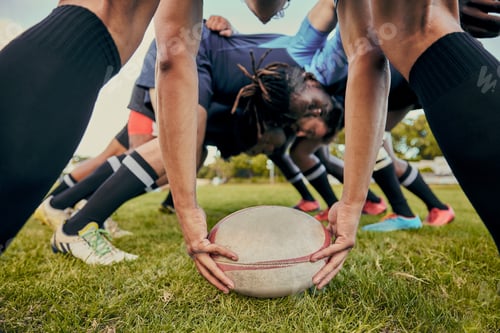 Preview: Sport, rugby and team on field, men playing game with energy and fitness, ball and huddle together.
