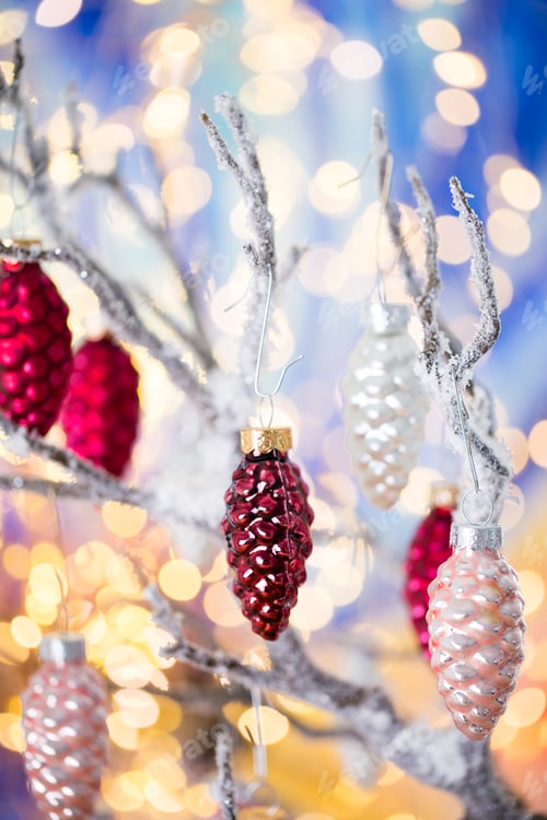Preview: Christmas greeting card. Pine decoration on bokeh background. New Year concept. Copy space.