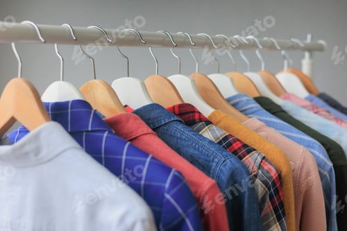 Preview: Colorful Shirts Hanging on Rack for Closet