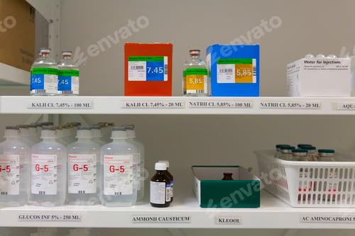 Preview: Modern hospital storage facilities, shelves of products for treatment and hospital procedures.