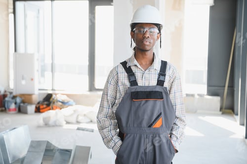 Preview: African american construction worker wearing safety equipment posing on construction site