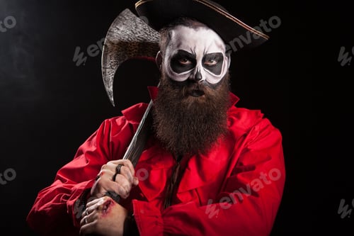 Preview: Medieval captain holding an axe over black background