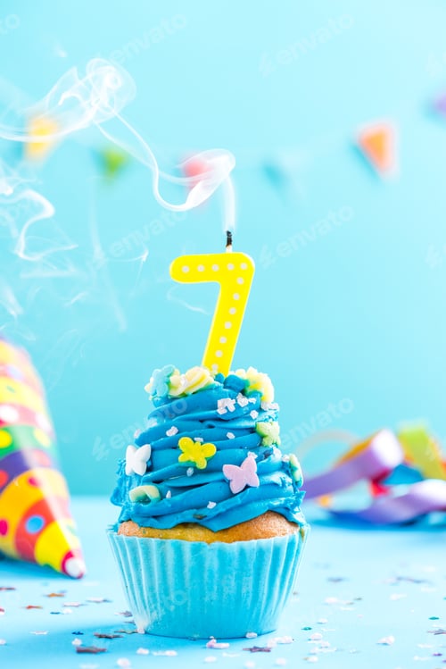Preview: Seventh 7th birthday cupcake with candle blow out.Card mockup.