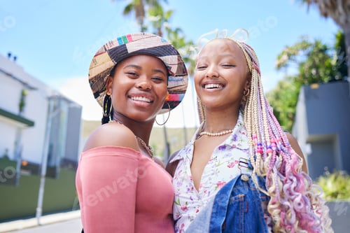Preview: Girl friends, love and african women happiness on uni vacation or travel trip in city. Young fun bl