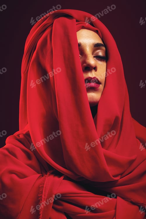Preview: Muslim, makeup and woman in studio with hijab, mockup and advertising beauty on black background. I