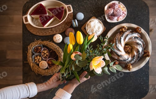 Preview: For a table set with food, Easter holiday.