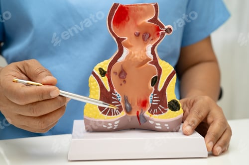 Preview: Asian doctor with rectum and hemorrhoid human anatomy model
