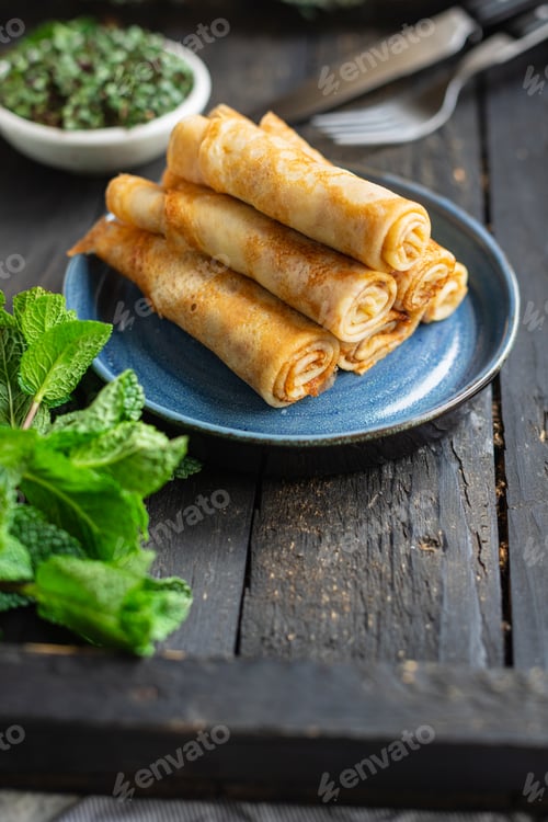 Preview: Crepes Sweet Thin Pancakes Dessert Flat Cake Snack Healthy Breakfast Meal Top View Copy Space For