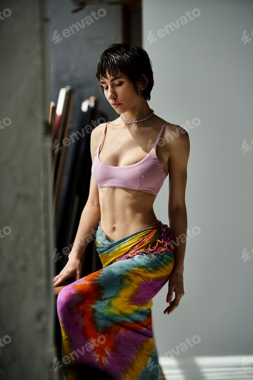Preview: Whimsical Woman in Vibrant Skirt Embracing Reflection