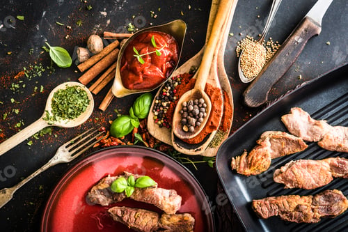 Preview: grilled meat with tomato sauce and spices