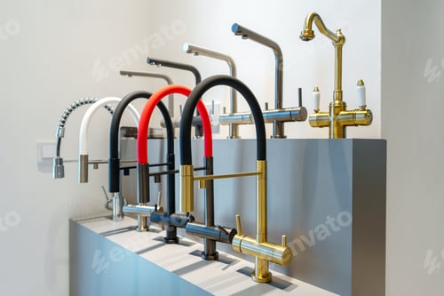 Preview: Rows of new water faucets in plumbing shop