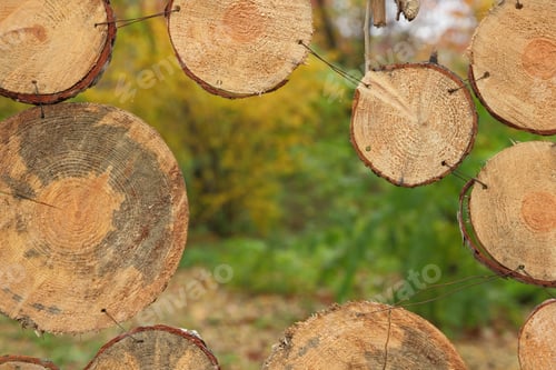 Preview: Wooden Circles Hanging On A Tree, Art Design Made Of Wooden Circles, Wooden Texture On A Background