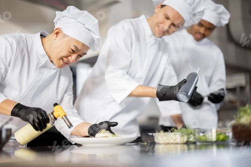 Preview: Group of cooks finishing main courses while working together in the kitchen
