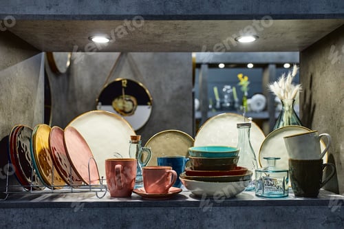 Preview: a showcase with the laying of porcelain dishes. Beautiful merchandising, dishes for restaurants and