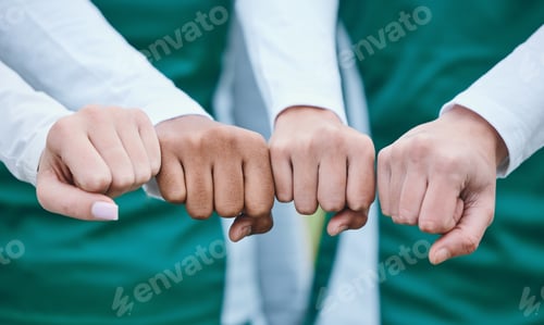 Preview: Celebration, closeup and team with support, fist bump and motivation with competition success, work