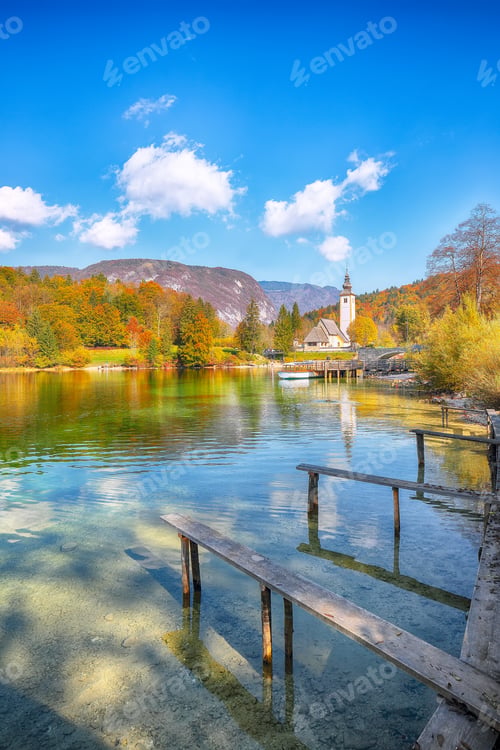 Preview: Astonishing view of Church of St. John the Baptist on Bohinj Lake .