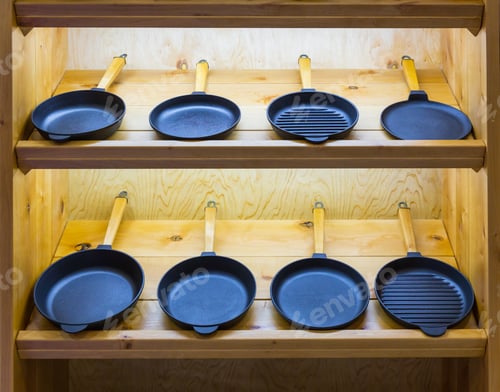 Preview: Frying pans on wooden shelf, cooking tools