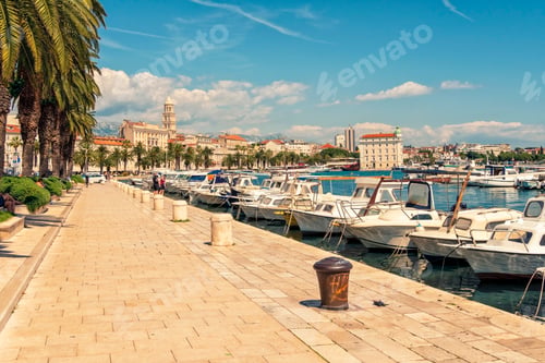 Preview: Sunny day at a Mediterranean marina with moored boats and a tree-lined promenade