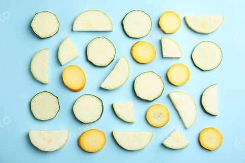 Preview: Fresh ripe cut zucchinis on light blue background, flat lay
