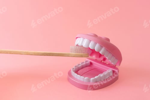 Preview: a bamboo toothbrush brushing teeth on a pink dental model toy on pink background