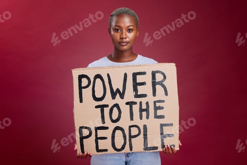 Preview: Poster, woman and studio banner power to the people sign by black woman vote, change and empowermen