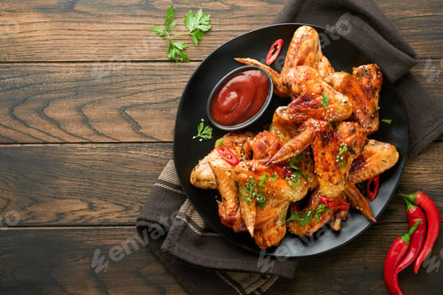 Preview: Chicken wings. Grilled or baked chicken wings with sesame seeds and ketchup or spicy tomato sauce on